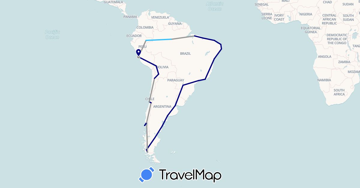 TravelMap itinerary: driving, plane, boat in Argentina, Bolivia, Brazil, Chile, Peru (South America)